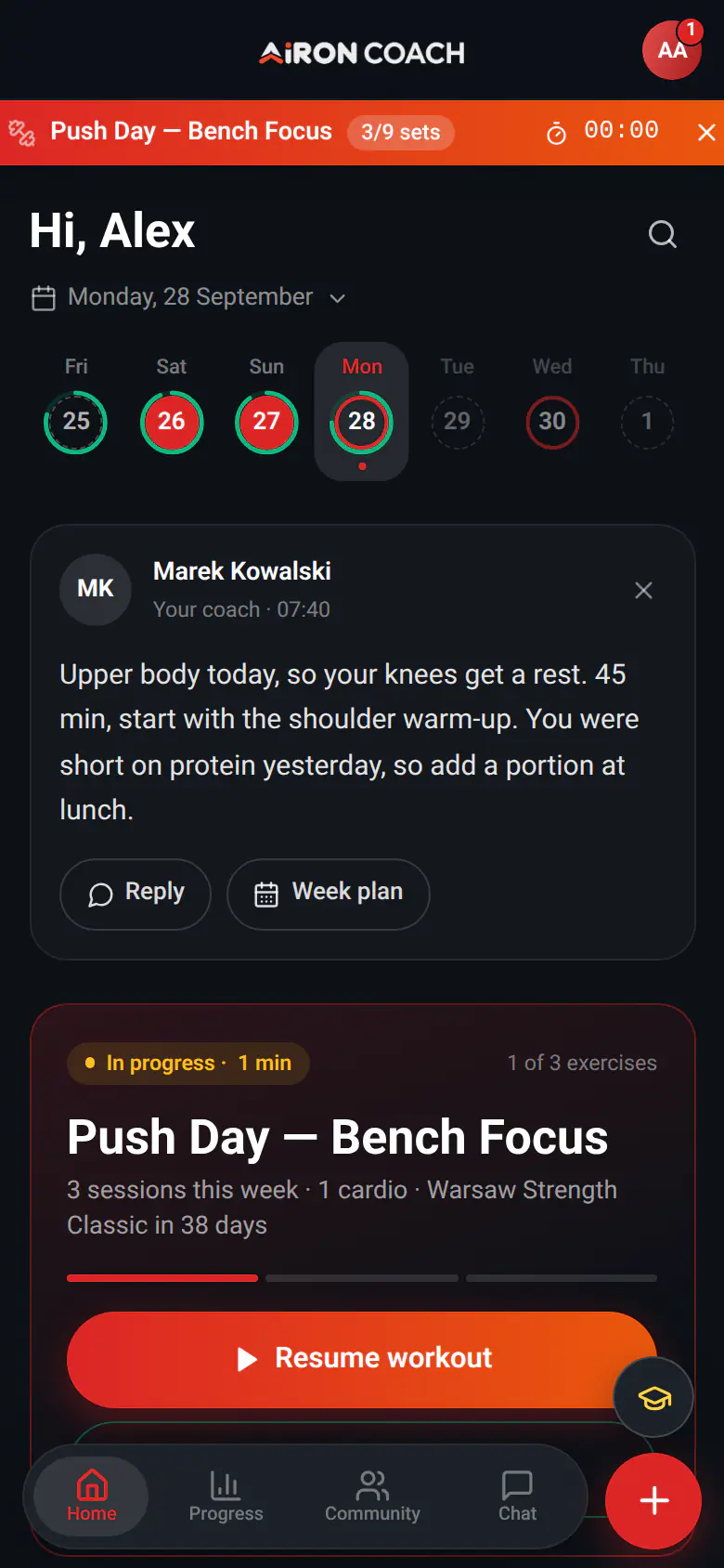 AIron home screen from the demo account: the workout in progress, a note from the coach and this week’s training days